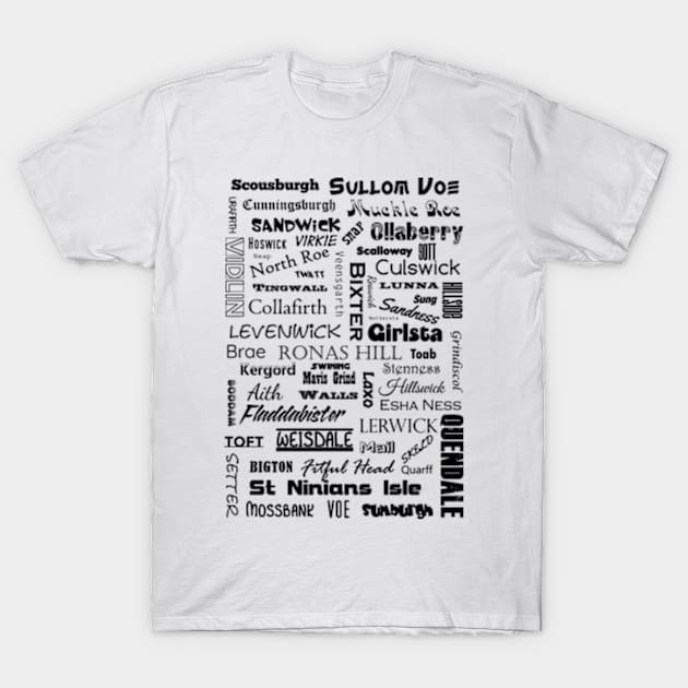 Shetland Mainland Place Names T-Shirt by Avalinart